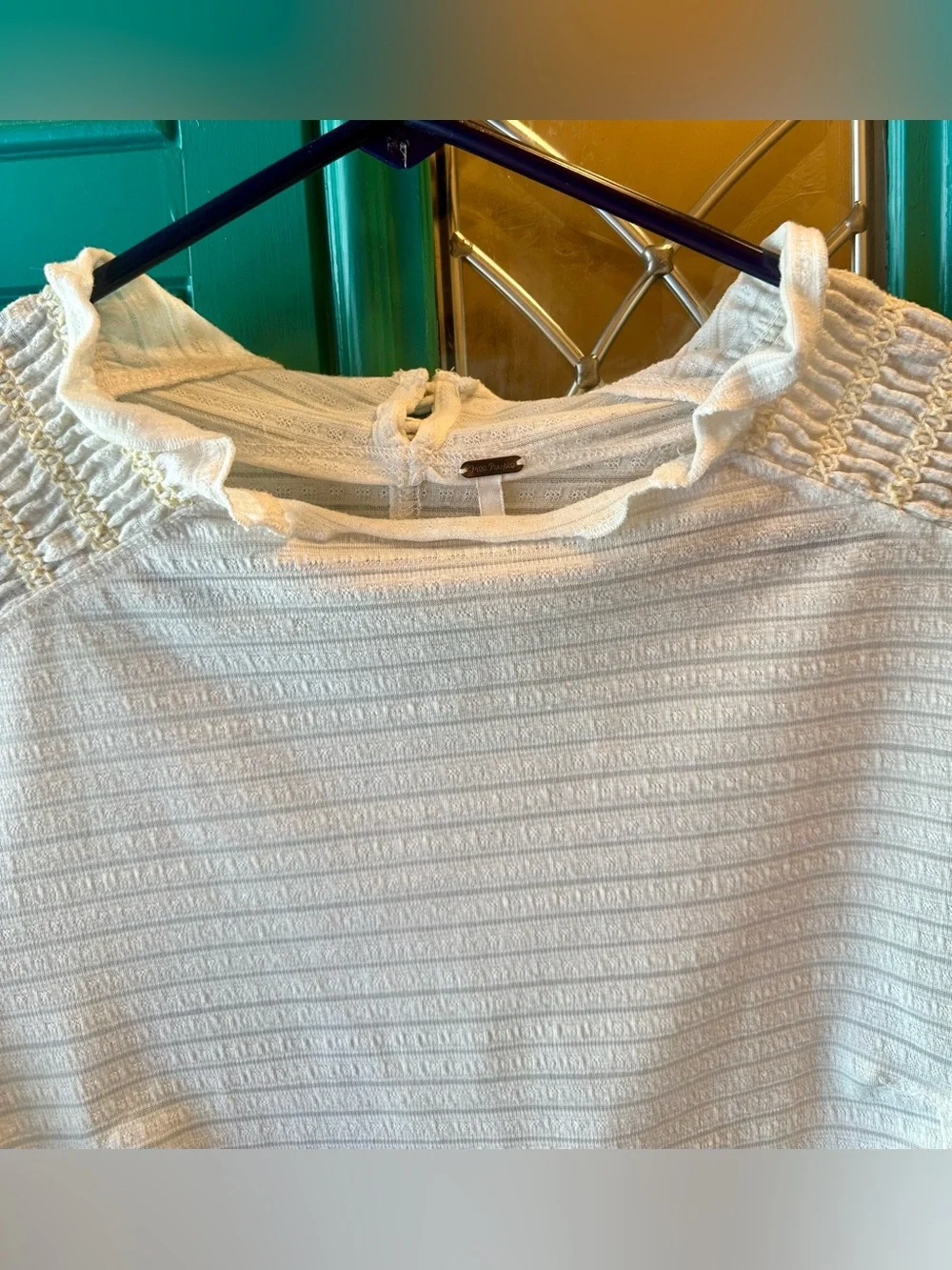 Free People White Smocked Shoulder Blouse Size M Ruffle Neck Cap Sleeve Babydoll